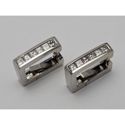 14K White Gold Diamond Square Box Hinged Hoop Earrings