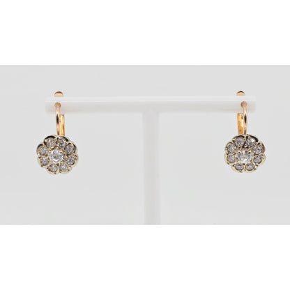 14K Two Tone Gold Latch Back Hinge Round CZ Earrings