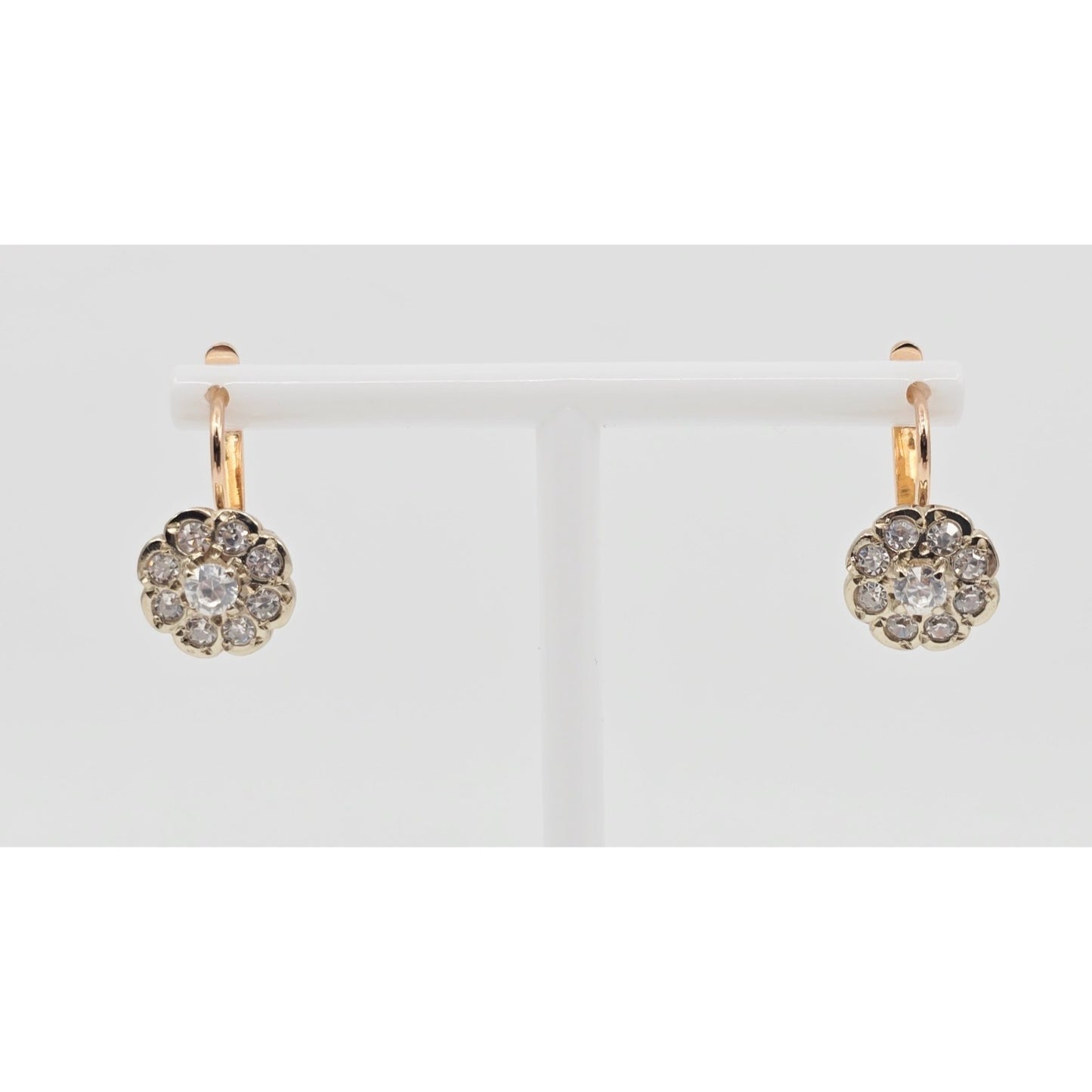 14K Two Tone Gold Latch Back Hinge Round CZ Earrings