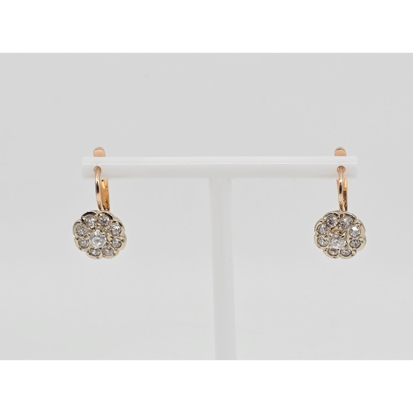 14K Two Tone Gold Latch Back Hinge Round CZ Earrings