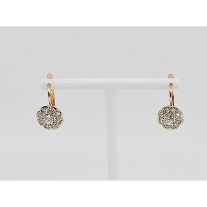 14K Two Tone Gold Latch Back Hinge Round CZ Earrings