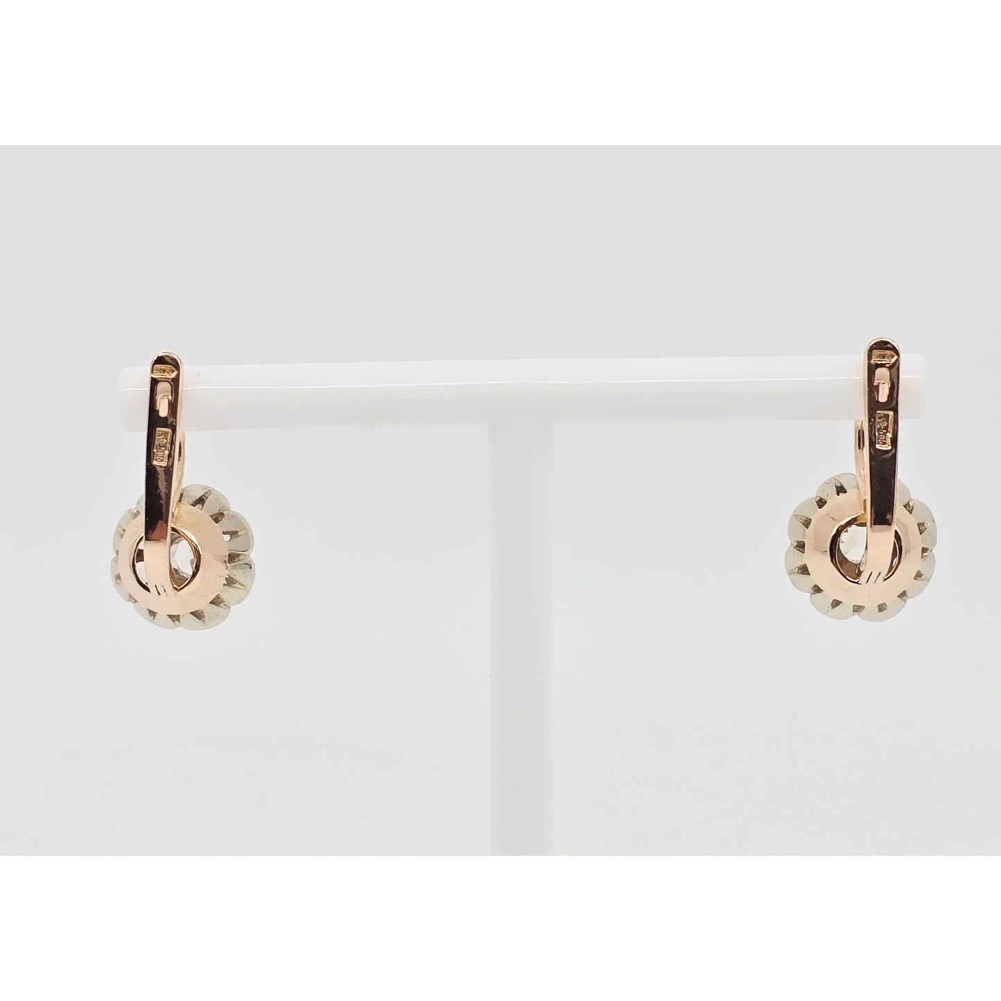 14K Two Tone Gold Latch Back Hinge Round CZ Earrings