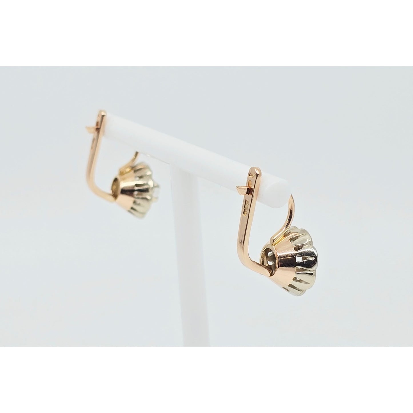 14K Two Tone Gold Latch Back Hinge Round CZ Earrings