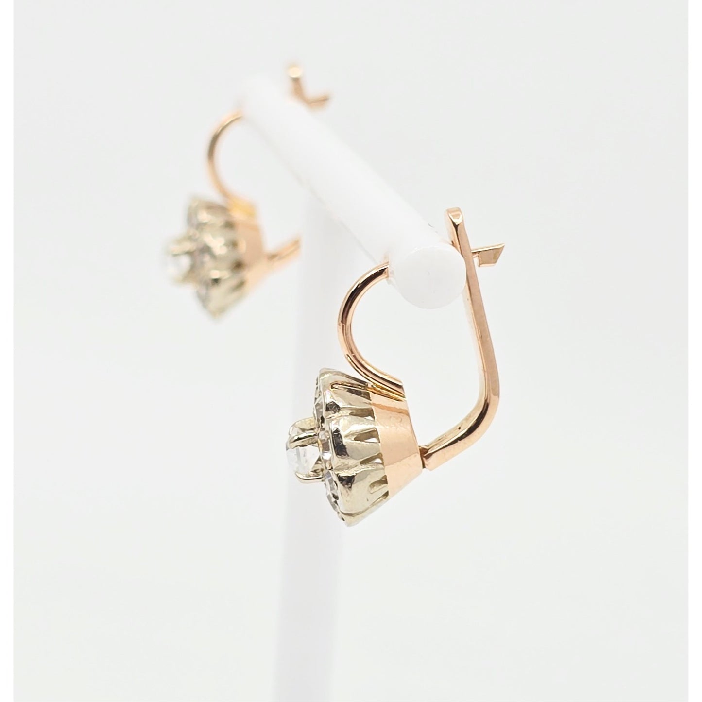 14K Two Tone Gold Latch Back Hinge Round CZ Earrings