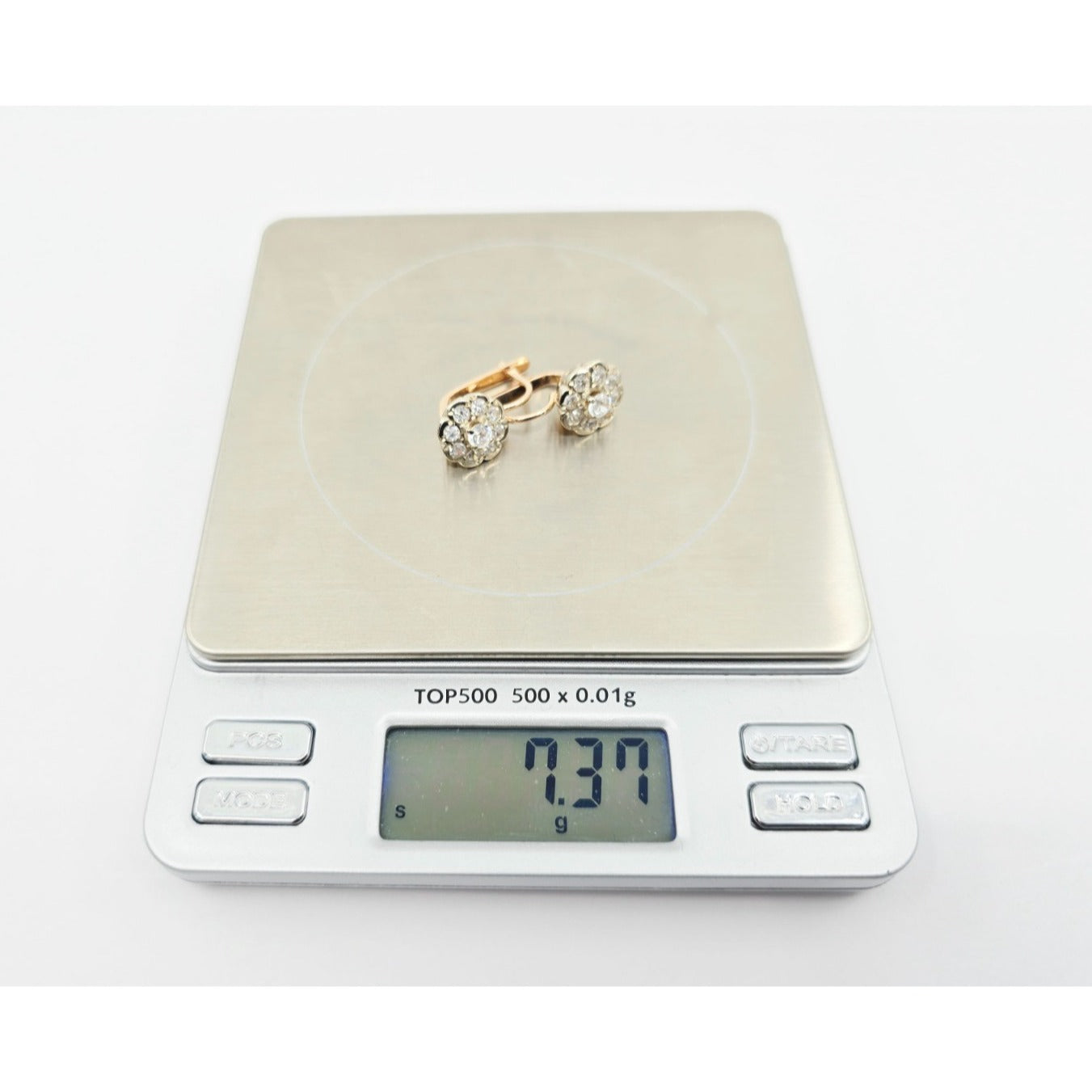 14K Two Tone Gold Latch Back Hinge Round CZ Earrings