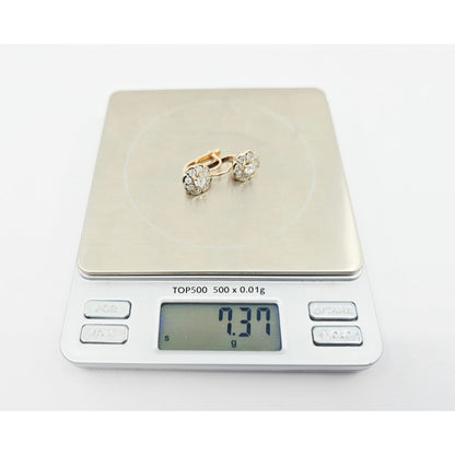 14K Two Tone Gold Latch Back Hinge Round CZ Earrings