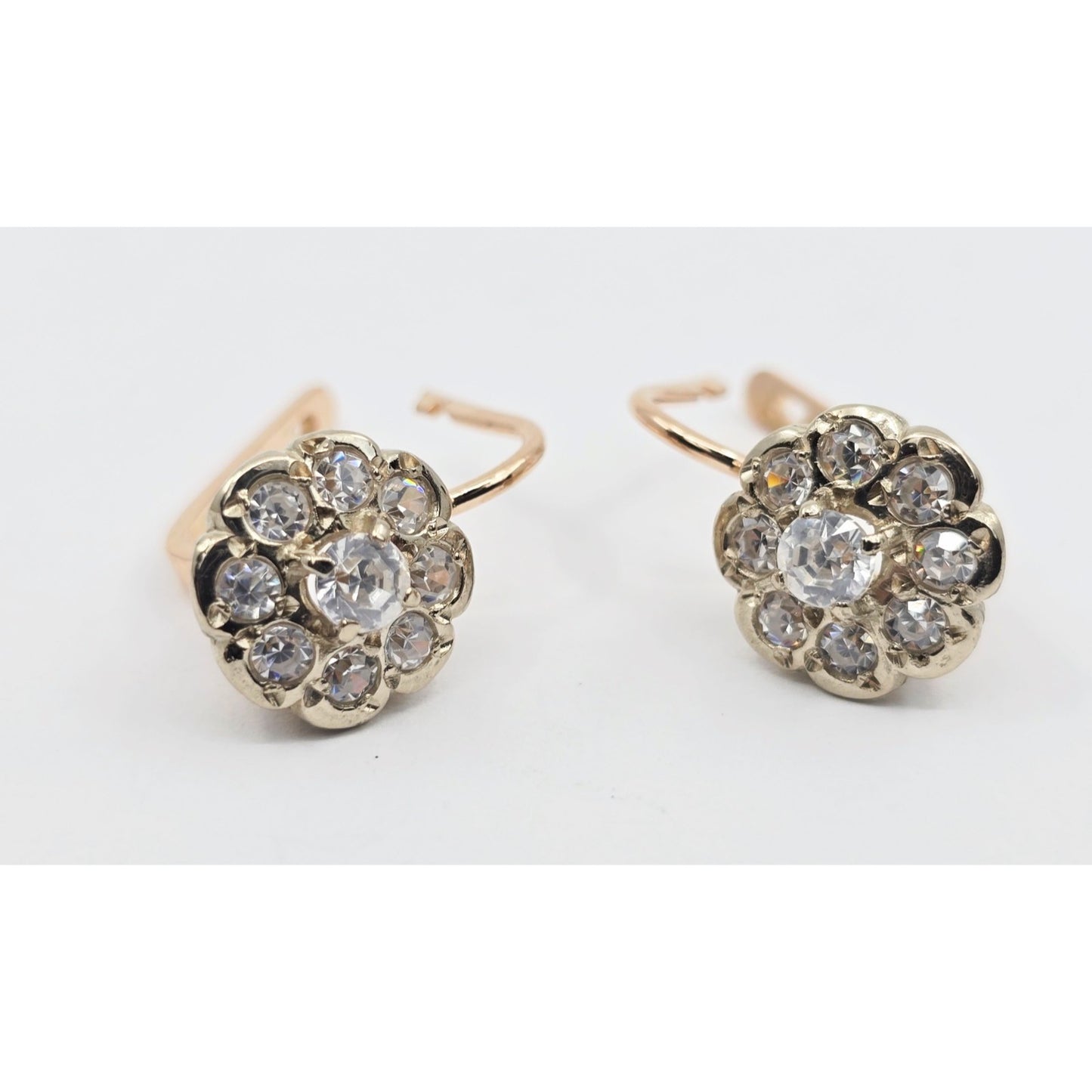 14K Two Tone Gold Latch Back Hinge Round CZ Earrings