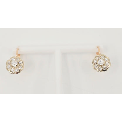 14K Two Tone Gold Latch Back Hinge Round CZ Earrings