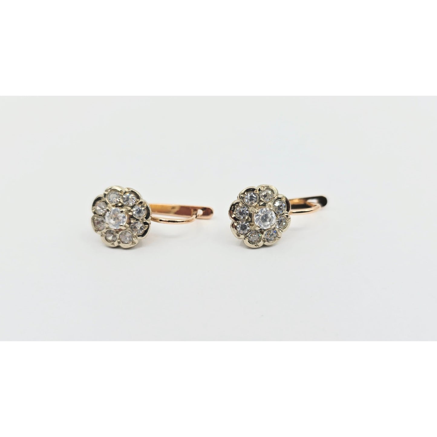 14K Two Tone Gold Latch Back Hinge Round CZ Earrings
