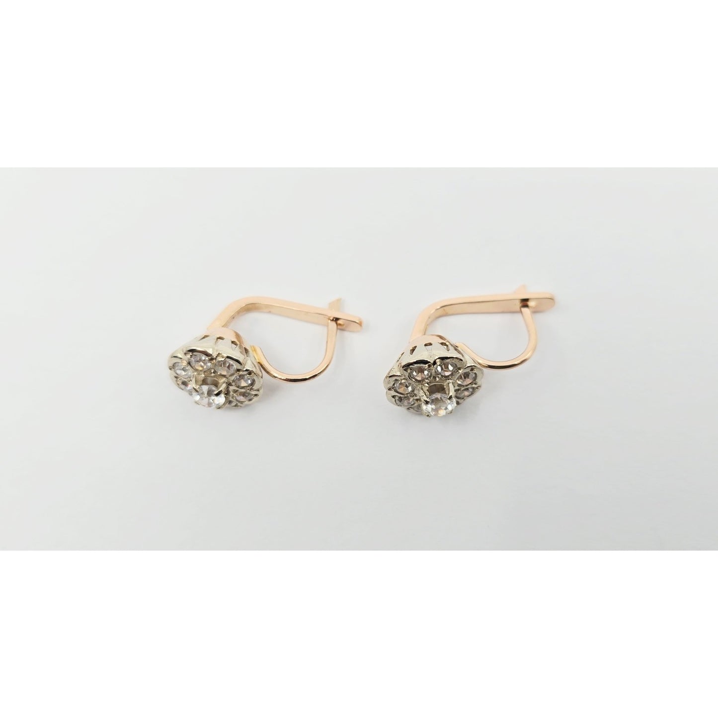 14K Two Tone Gold Latch Back Hinge Round CZ Earrings