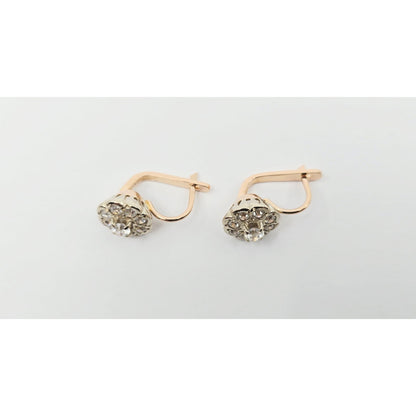 14K Two Tone Gold Latch Back Hinge Round CZ Earrings