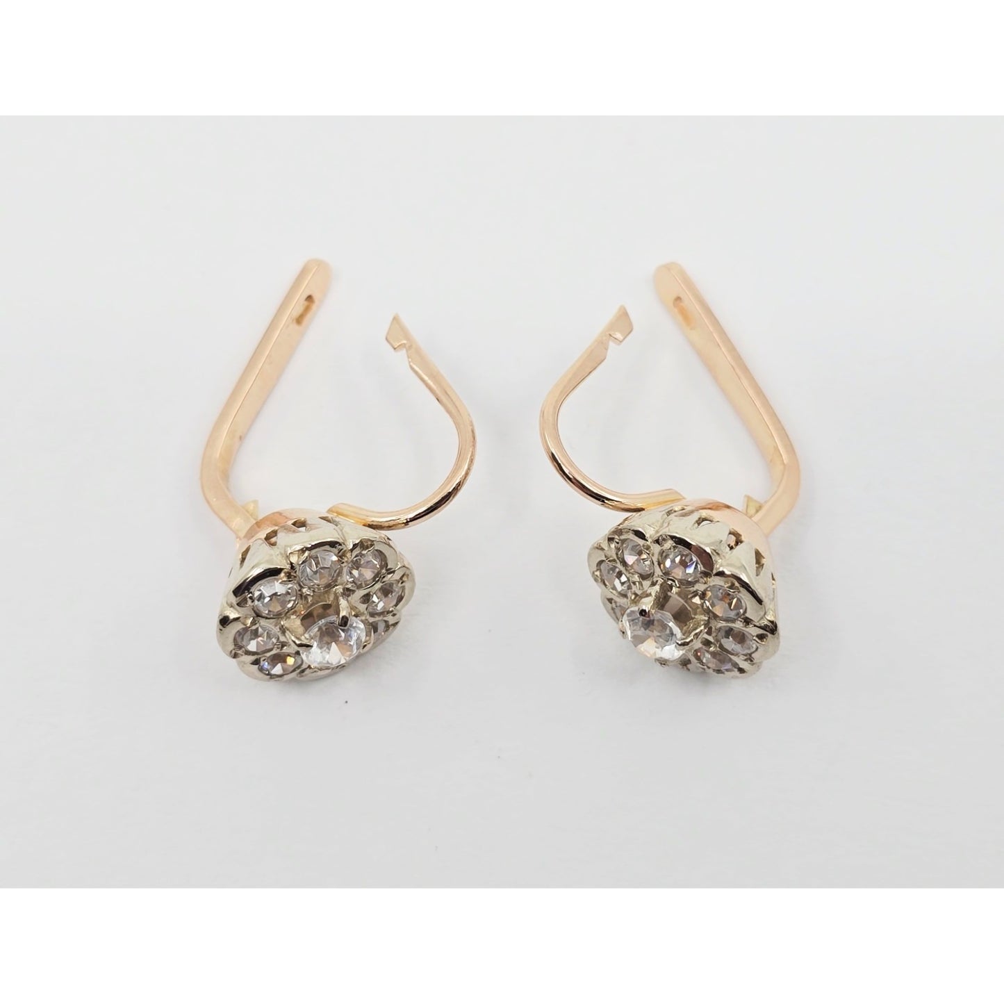 14K Two Tone Gold Latch Back Hinge Round CZ Earrings