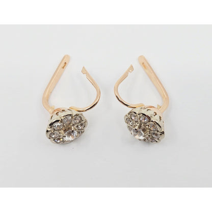 14K Two Tone Gold Latch Back Hinge Round CZ Earrings