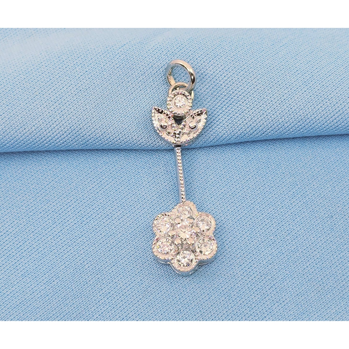 14K White Gold Drop Dangle Flower Diamond Charm Pendant