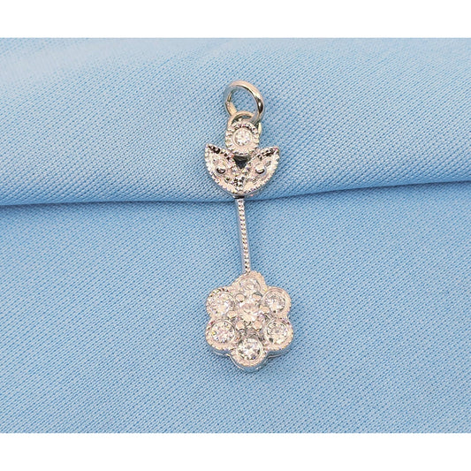 14K White Gold Drop Dangle Flower Diamond Charm Pendant