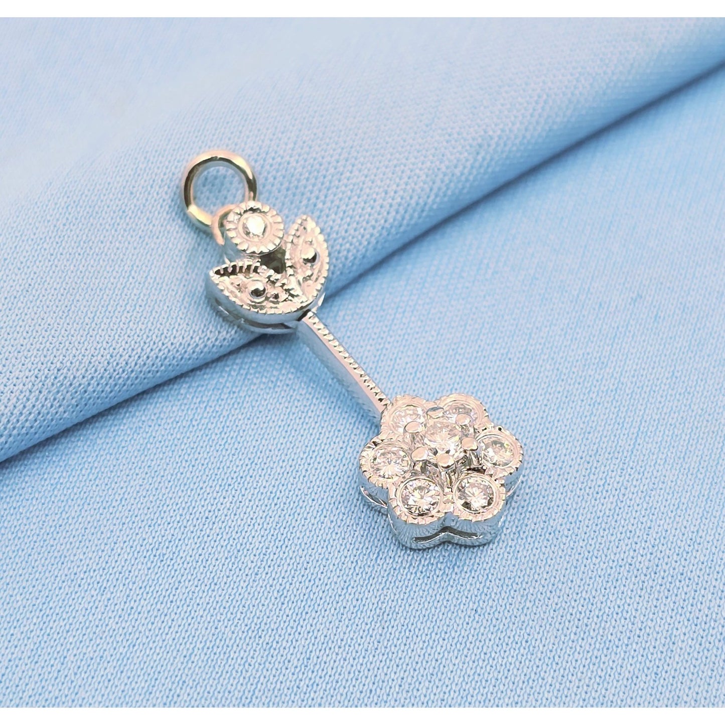 14K White Gold Drop Dangle Flower Diamond Charm Pendant