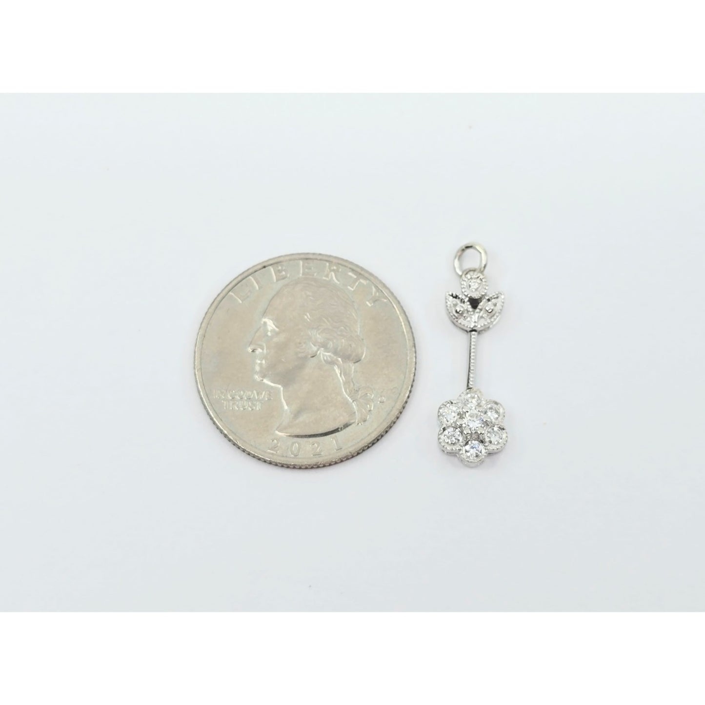 14K White Gold Drop Dangle Flower Diamond Charm Pendant