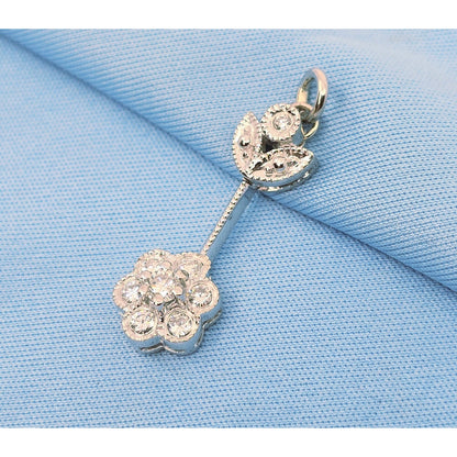 14K White Gold Drop Dangle Flower Diamond Charm Pendant