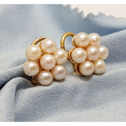 14K Yellow Gold Flower Pearl French Clip Earrings