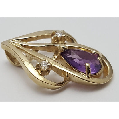 14K Solid Yellow Gold Amethyst & Diamond Drop Charm Pendant