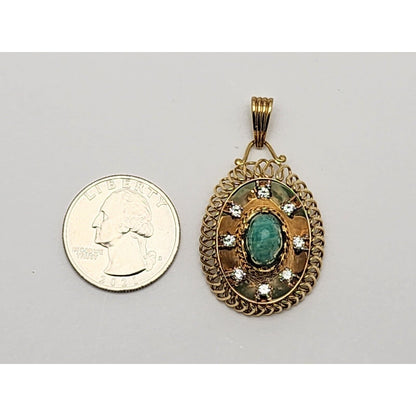 18K Solid Yellow Gold Diamond & Green Cabochon Gemstone Charm Pendant