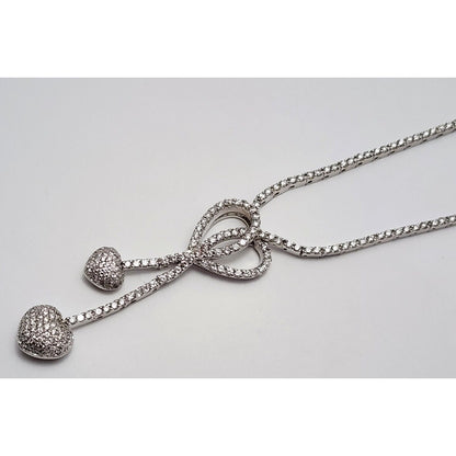 14K White Gold Diamond Double Heart Dangle Link Chain Necklace