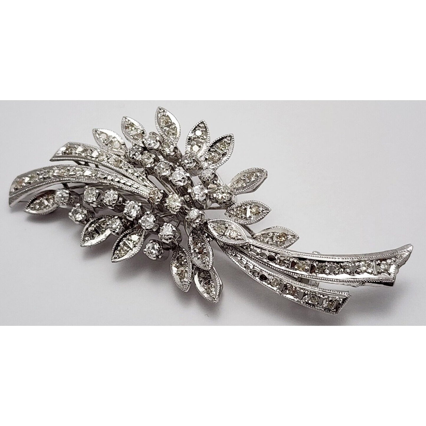 Vintage 10K White Gold Flowers Leaf Old Cut Diamond Brooch Pin