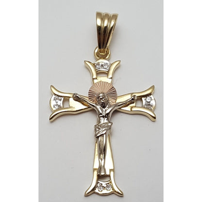 14K Solid Two Tone Gold Jesus on Cross Cubic Zirconia Charm Pendant