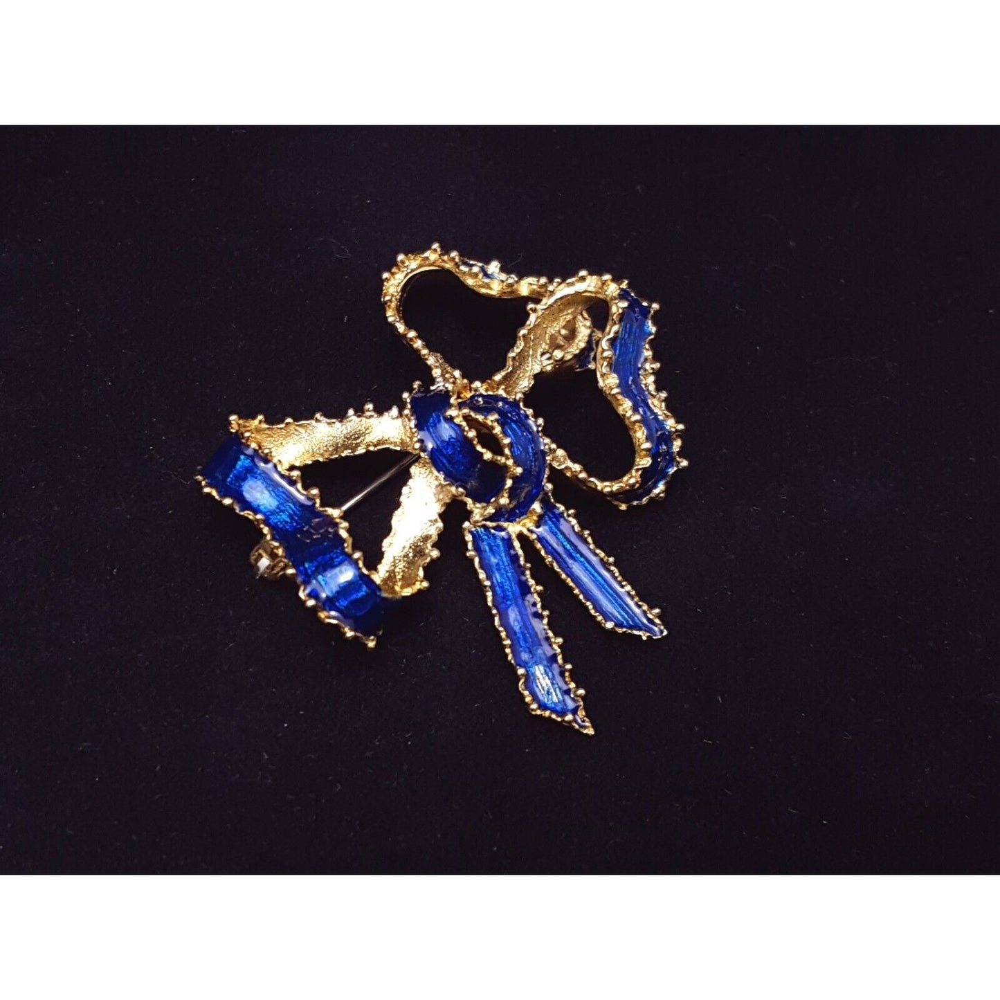 Vintage Victorian Tiffany & Co 18K Solid Yellow Gold Blue Enamel Bow Brooch Pin