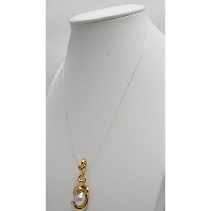 18K Solid Yellow Gold Designer Pearl & Diamond Drop Dangle Charm Pendant