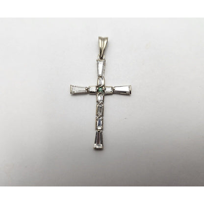 14K White Gold Religious Emerald & CZ Cross Pendant