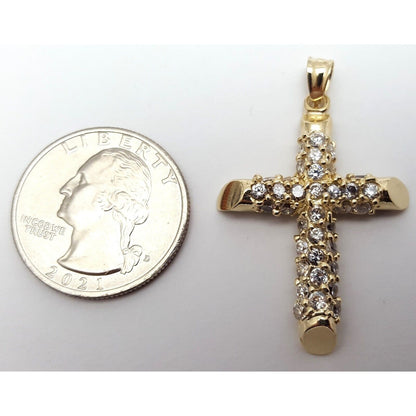 14K Solid Yellow Gold Religious Cubic Zirconia Cross Charm Pendant