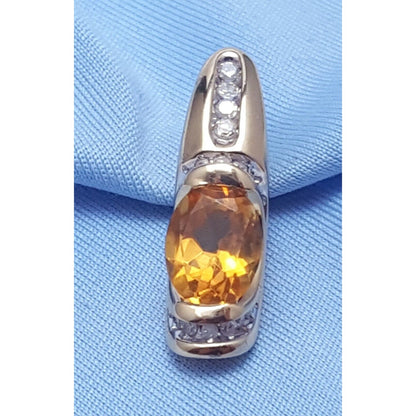 14K Solid Yellow Gold Yellow Topaz & Diamond Drop Charm Pendant