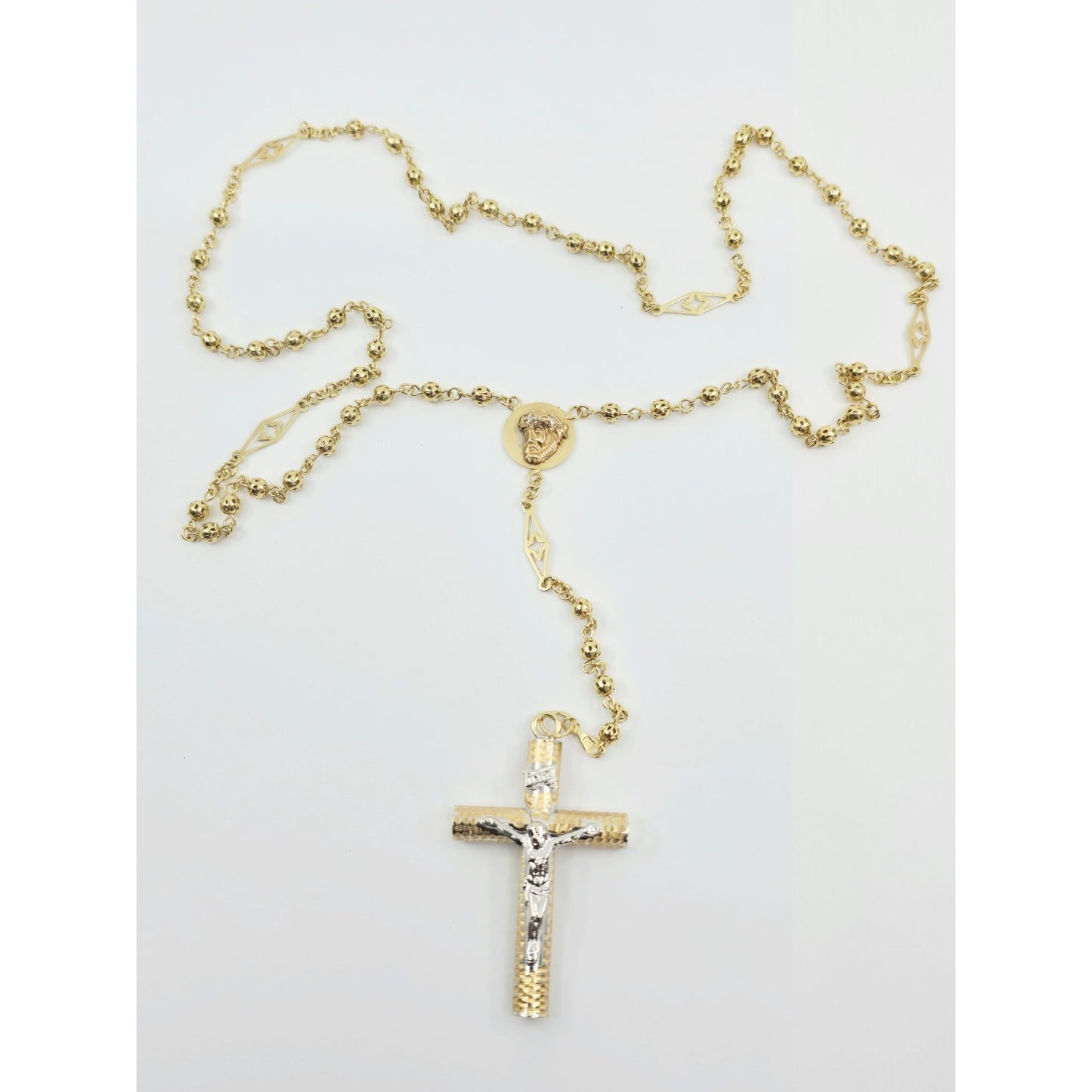 14K Yellow Gold Religious Rosary Cross Link Chain Necklace