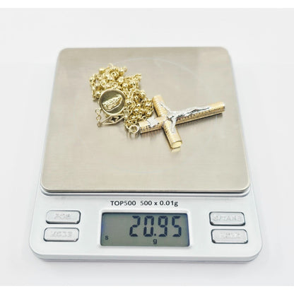 14K Yellow Gold Religious Rosary Cross Link Chain Necklace