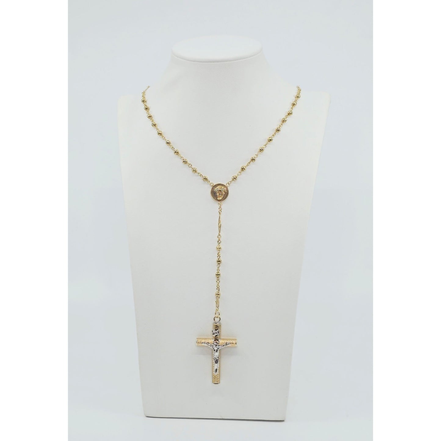 14K Yellow Gold Religious Rosary Cross Link Chain Necklace