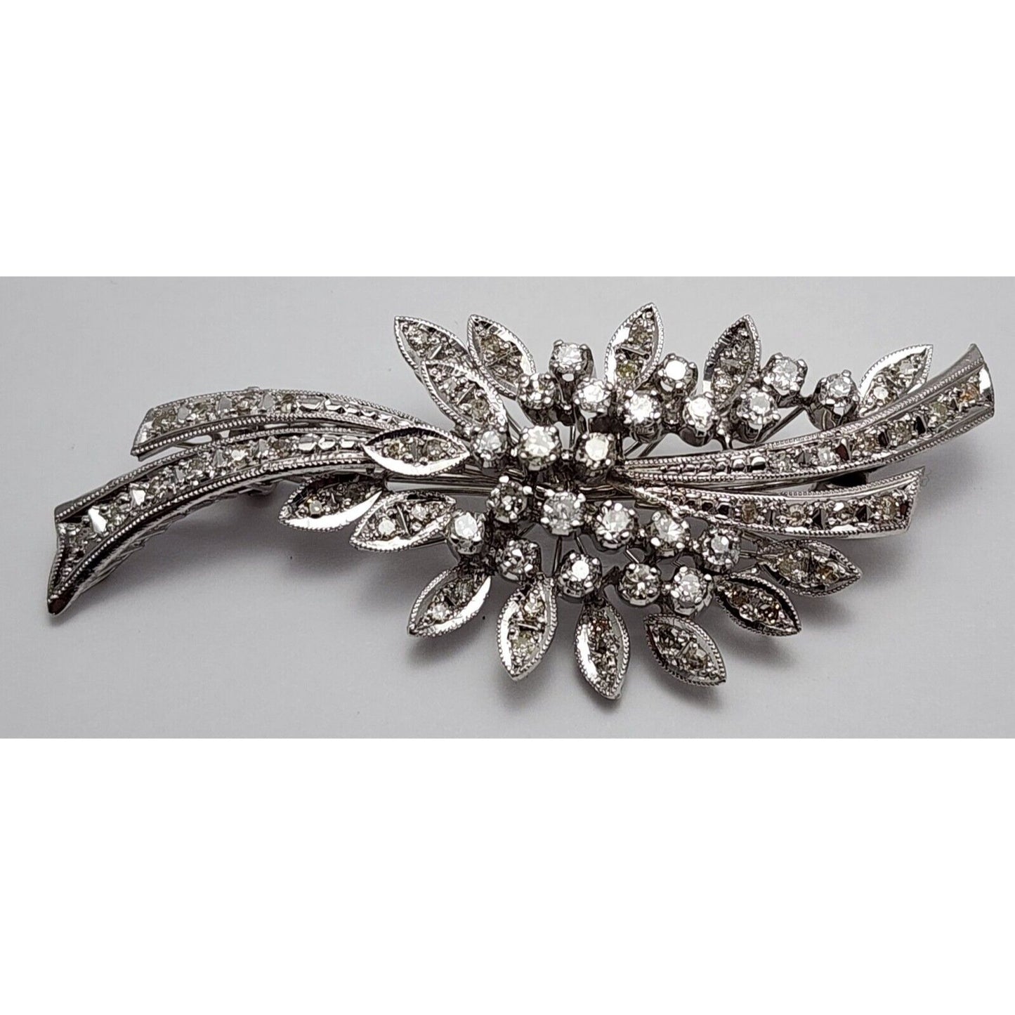 Vintage 10K White Gold Flowers Leaf Old Cut Diamond Brooch Pin