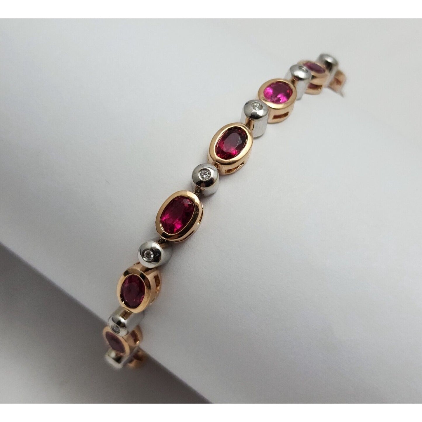 14K Solid Multi Tone Gold Ruby & Diamond Tennis Link Bracelet