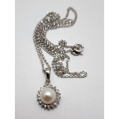 14K White Gold Pearl & Diamond Charm Pendant Link Chain Necklace