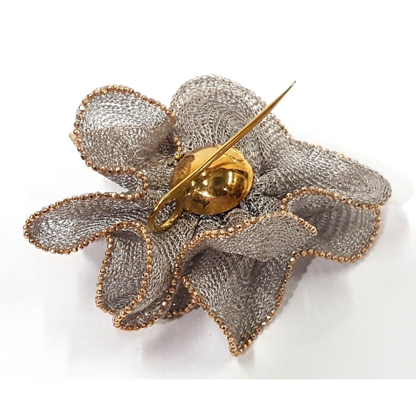 Fraccari Italian 18K Two Tone Gold Mesh Flower Rose Brooch