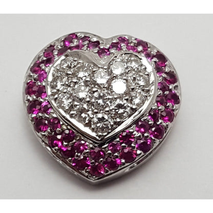 18K Solid White Gold Diamond & Ruby Puffy Heart Charm Pendant