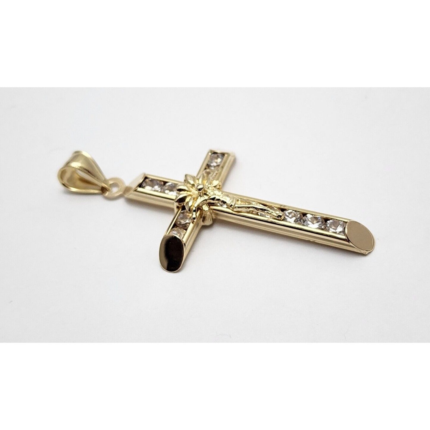 14K Solid Yellow Gold Jesus On Cross CZ Charm Pendant