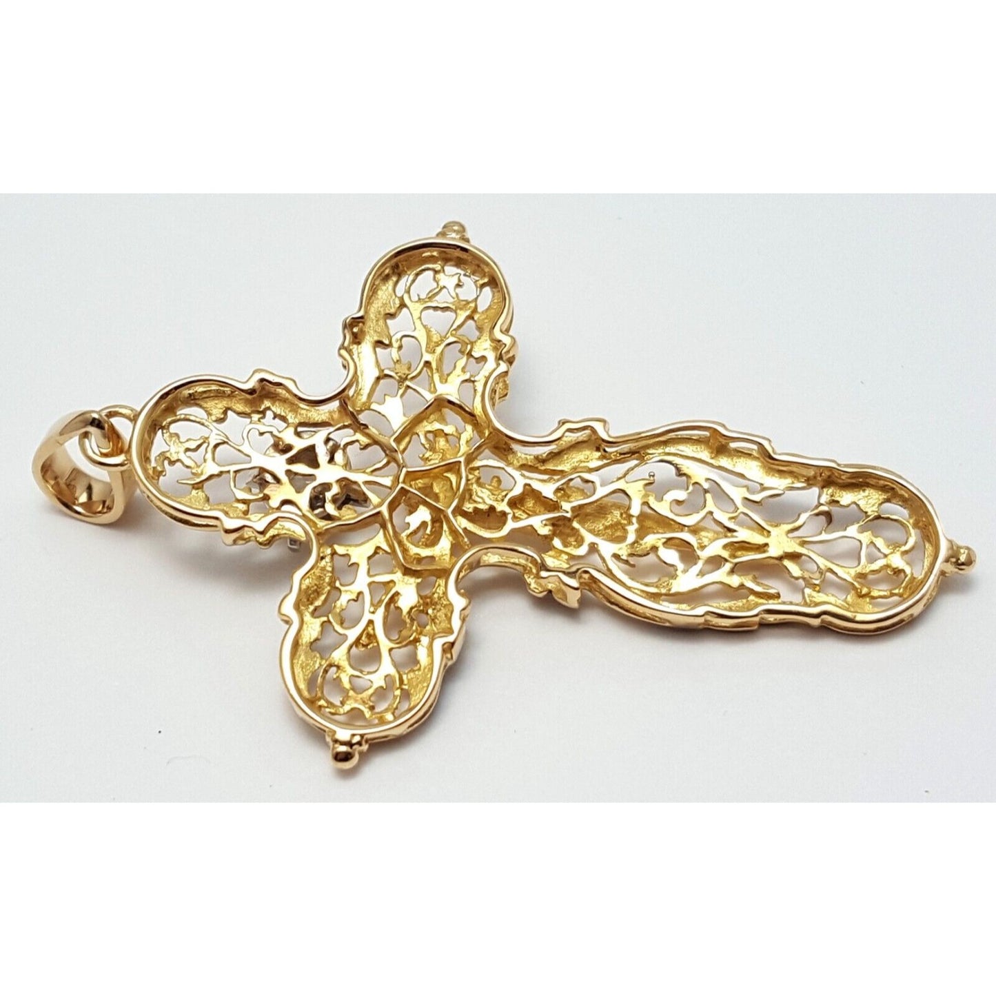 18K Solid Yellow Gold Religious Jesus Cross Diamond Enamel Charm Pendant