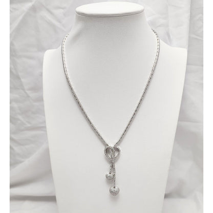 14K White Gold Diamond Double Heart Dangle Link Chain Necklace