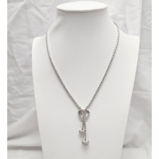 14K White Gold Diamond Double Heart Dangle Link Chain Necklace