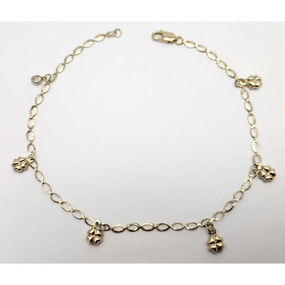 14K Solid Yellow Gold Four Leaf Clover Lucky Link Chain Anklet Bracelet