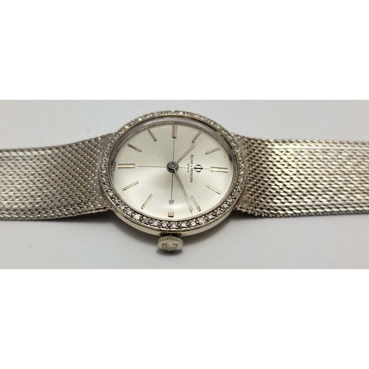 Vintage Baume Mercier 14k White Gold & Diamond Bezel Mesh Ladies Winding Watch