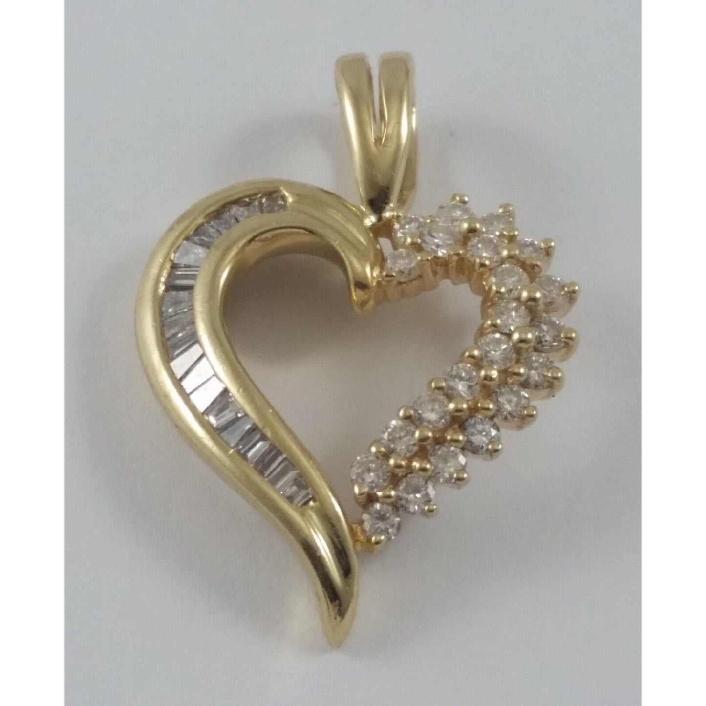 14K Solid Yellow Gold Open Heart Round & Baguette Diamond Charm Pendant