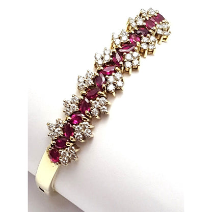 14K Solid Yellow Gold Designer Ruby & Diamond Bangle Bracelet