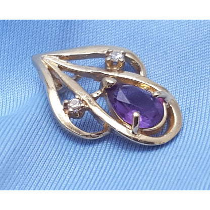 14K Solid Yellow Gold Amethyst & Diamond Drop Charm Pendant